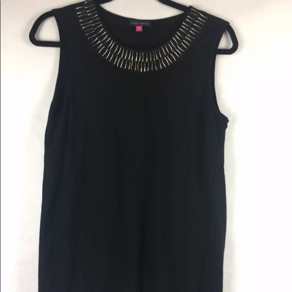 Vince Camuto Womens PM Black Beaded Neckline Sleeveless Split Back Cotton Top